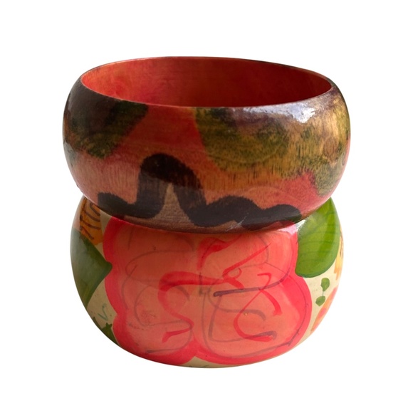 Two Vintage Hand  Painted Wood Bangle Bracelets - Picture 1 of 10
